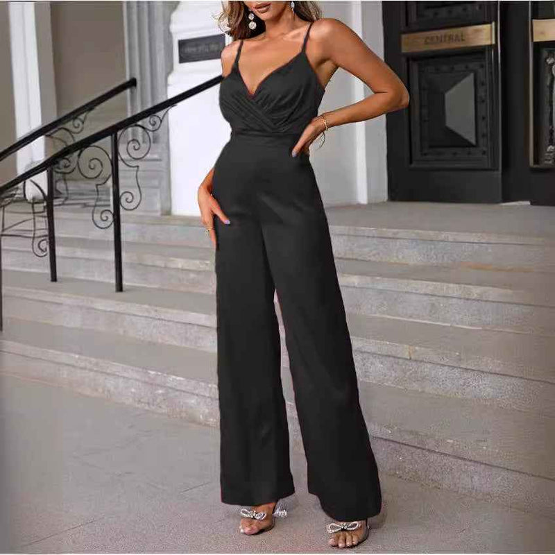 Fitted-waist Strapless Chic V-neck Wide-leg Jumpsuit-1