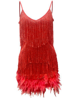 Women’s Sequin Feather Tassel Mini Dress – V-Neck Spaghetti Strap Evening Party Dress-13