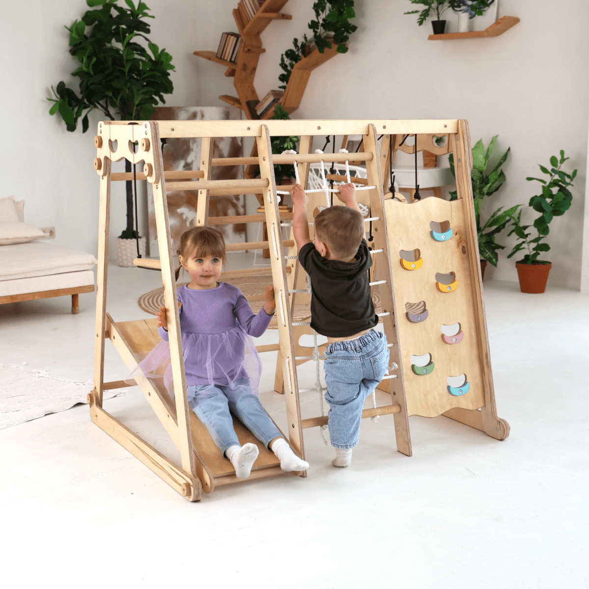6in1 Indoor Jungle Gym for Toddler: Playground + Swings Set + Slide Board + Rope + Stairs-8