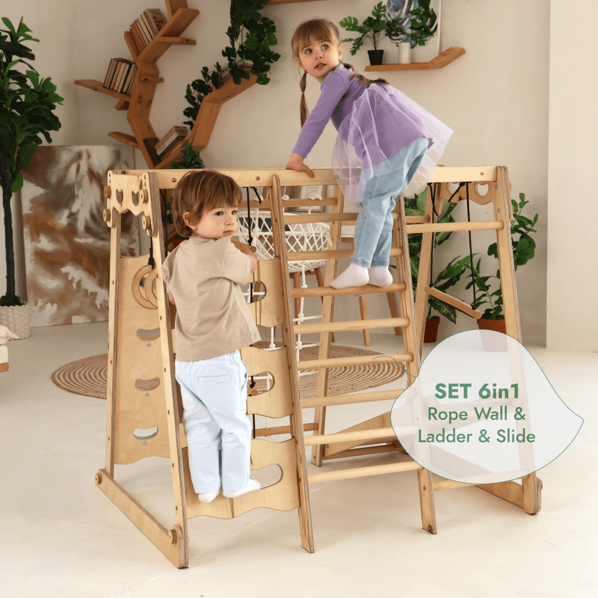 6in1 Indoor Jungle Gym for Toddler: Playground + Swings Set + Slide Board + Rope + Stairs-4