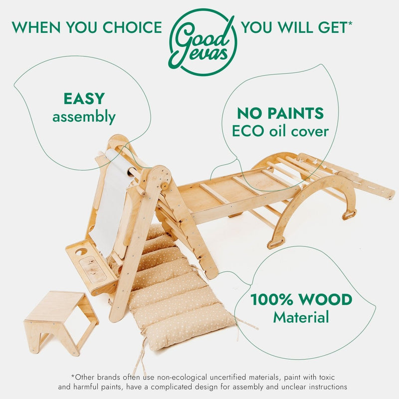 6in1 Montessori Climbing Frame Set: Triangle Ladder + Arch/Rocker + Slide/Ramp + Net + Cushion + Art Addition-6