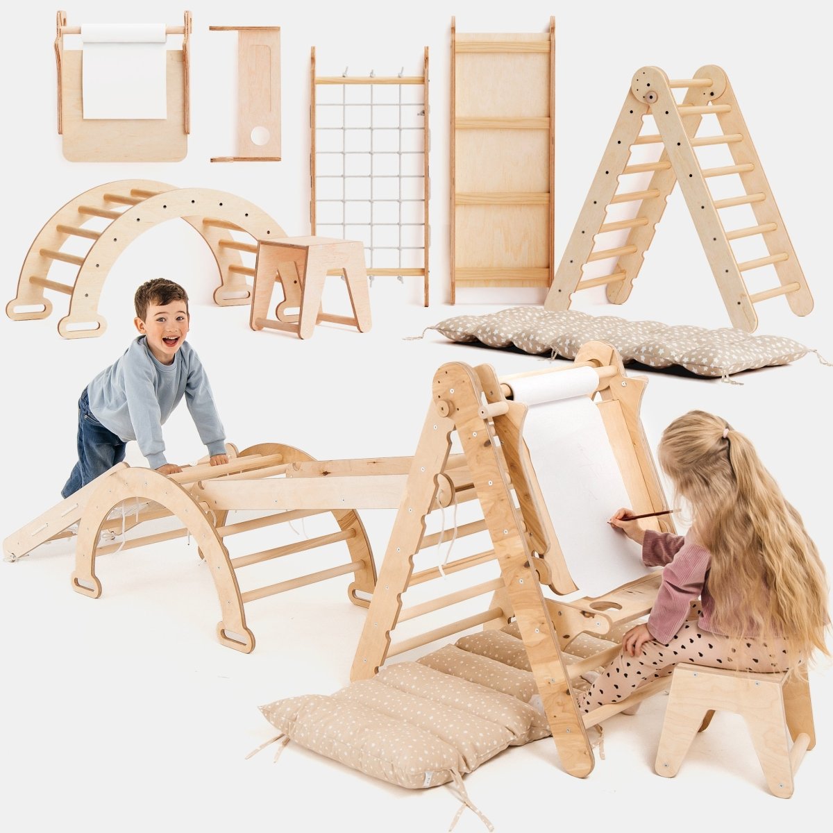 6in1 Montessori Climbing Frame Set: Triangle Ladder + Arch/Rocker + Slide/Ramp + Net + Cushion + Art Addition-1