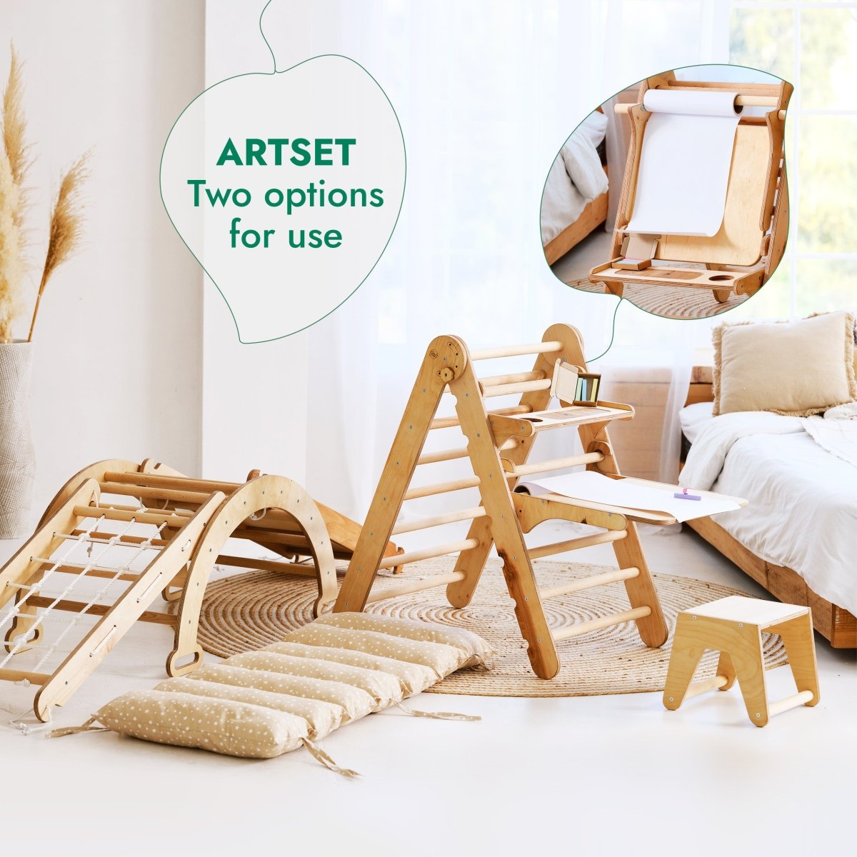 6in1 Montessori Climbing Frame Set: Triangle Ladder + Arch/Rocker + Slide/Ramp + Net + Cushion + Art Addition-7