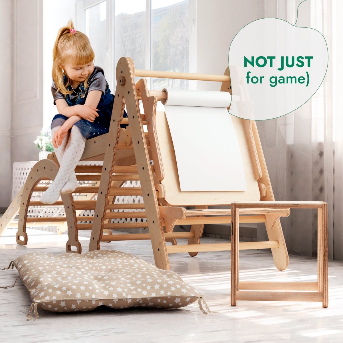 6in1 Montessori Climbing Frame Set: Triangle Ladder + Arch/Rocker + Slide/Ramp + Net + Cushion + Art Addition-10