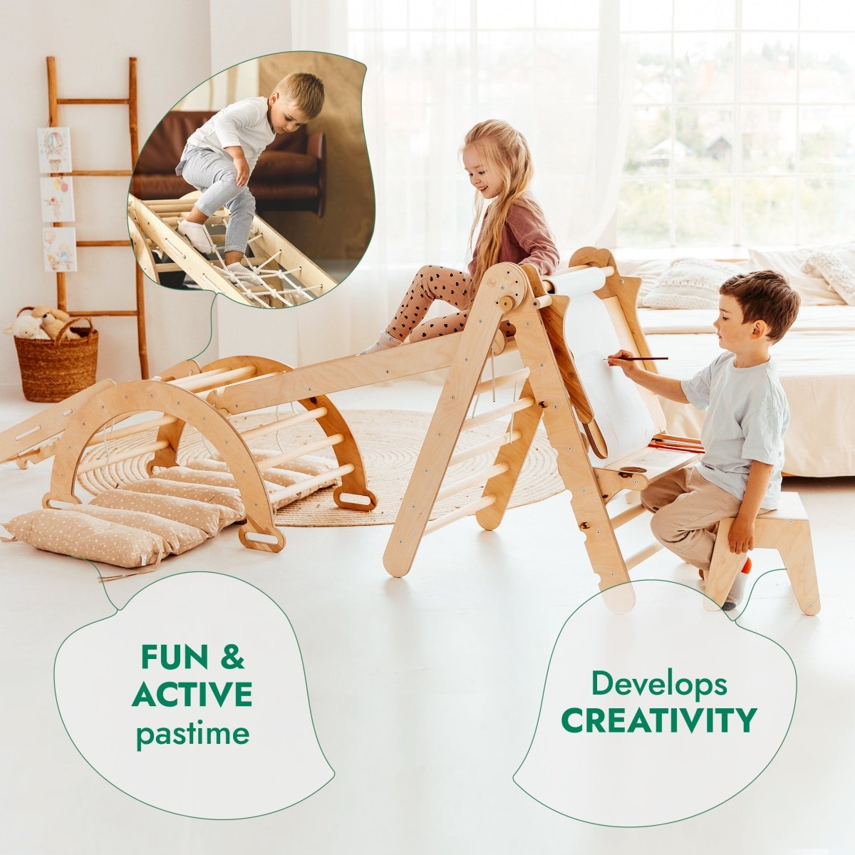 6in1 Montessori Climbing Frame Set: Triangle Ladder + Arch/Rocker + Slide/Ramp + Net + Cushion + Art Addition-3
