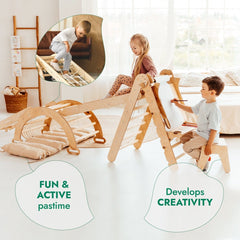 6in1 Montessori Climbing Frame Set: Triangle Ladder + Arch/Rocker + Slide/Ramp + Net + Cushion + Art Addition-3