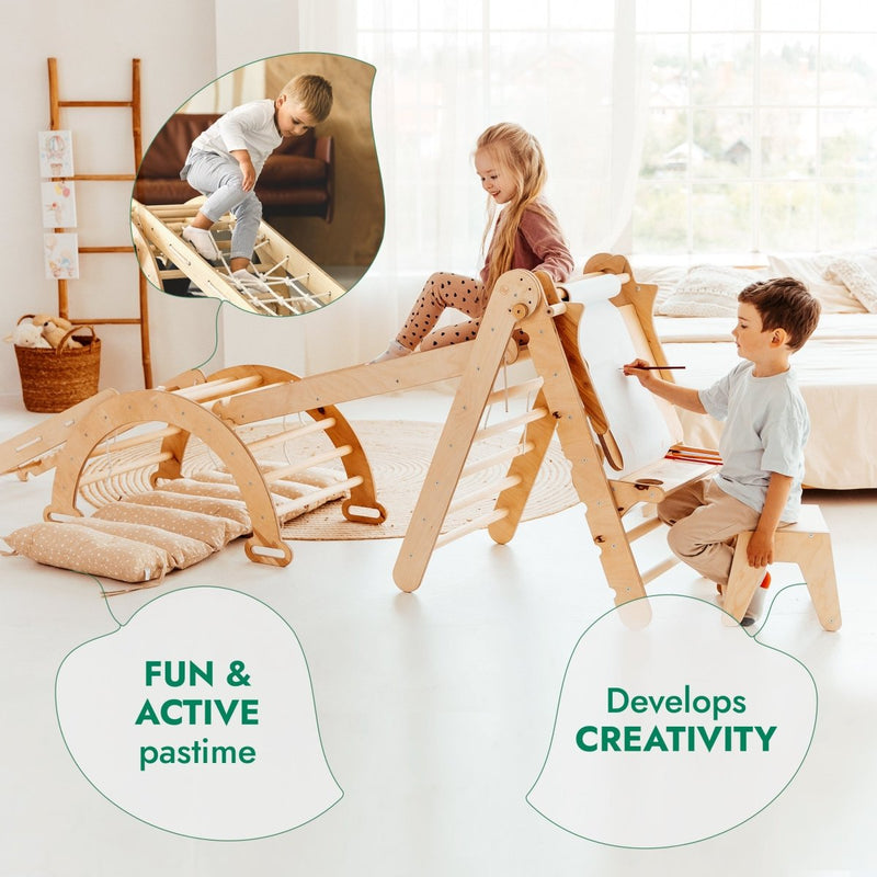 6in1 Montessori Climbing Frame Set: Triangle Ladder + Arch/Rocker + Slide/Ramp + Net + Cushion + Art Addition-3