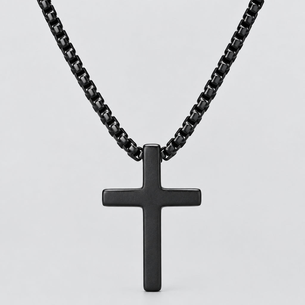 Men's Black Steel Cross Pendant Necklace Box Chain Biker Jewelry-1
