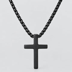 Men's Black Steel Cross Pendant Necklace Box Chain Biker Jewelry-1
