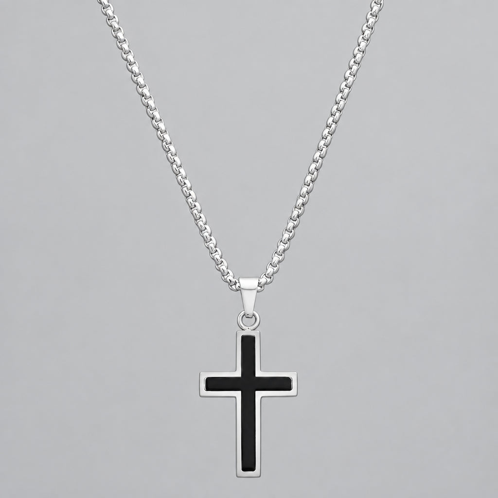 Men's Stainless Steel Silver and Black Cross Pendant Necklace-1