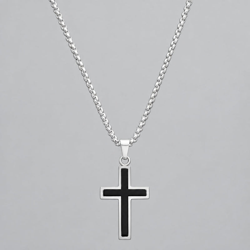Men's Stainless Steel Silver and Black Cross Pendant Necklace-1