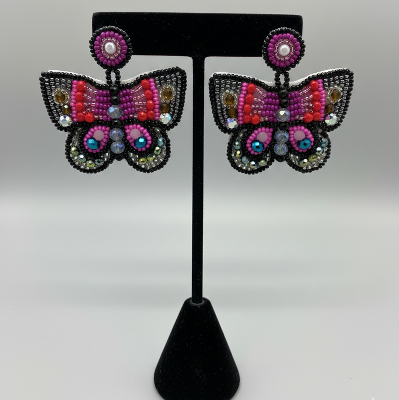 Butterfly Beaded Earrings - Black and Pink-1