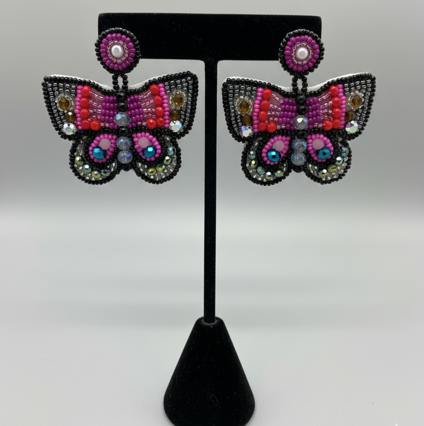 Butterfly Beaded Earrings - Black and Pink