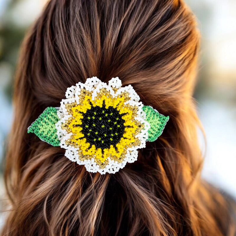 Handmade Beaded Sunflower Hair Clip- Bright Yellow-1