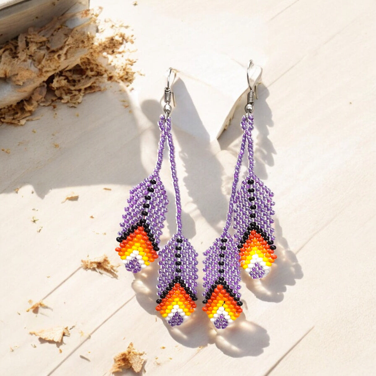 Purple Beaded Feather Earrings-2