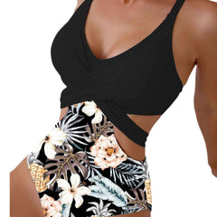 Printed Hollow Out Tied One-piece Bikini-2