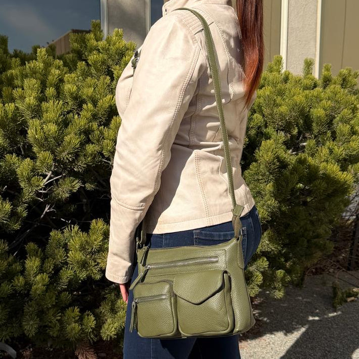 Greenwood Leather Multi-Pocket Crossbody Bag. Premium Pebbled Leather Handbag-20