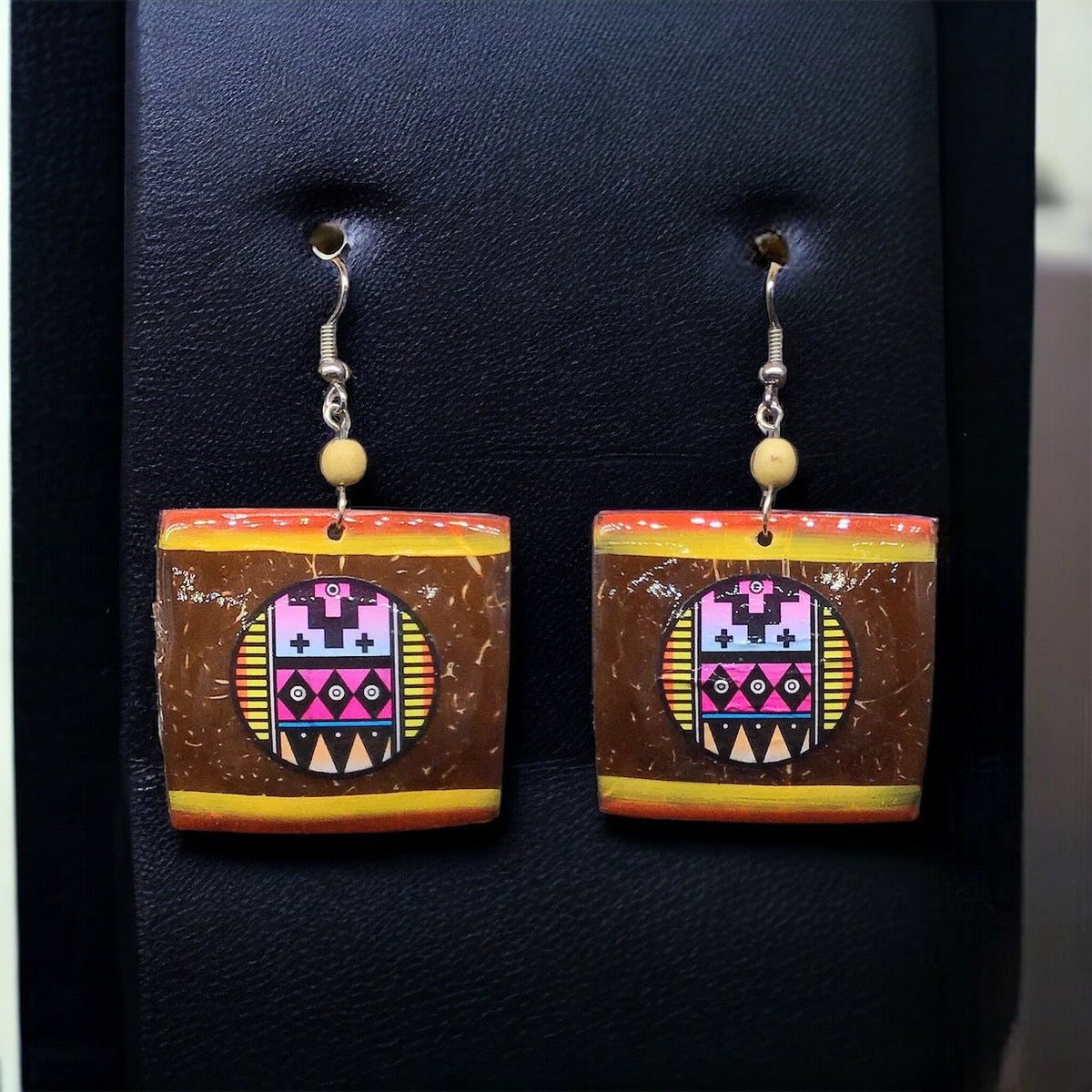 Wood Painted Yellow Square Earrings-1