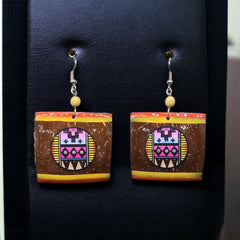 Wood Painted Yellow Square Earrings-1