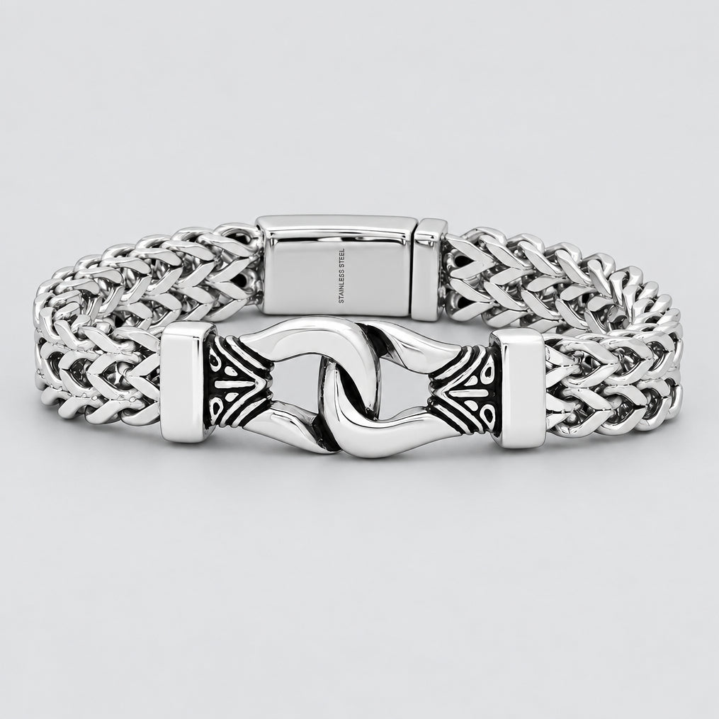 Men’s Stainless Steel Double Row Wheat Chain Bracelet. Biker Buckle Design-1