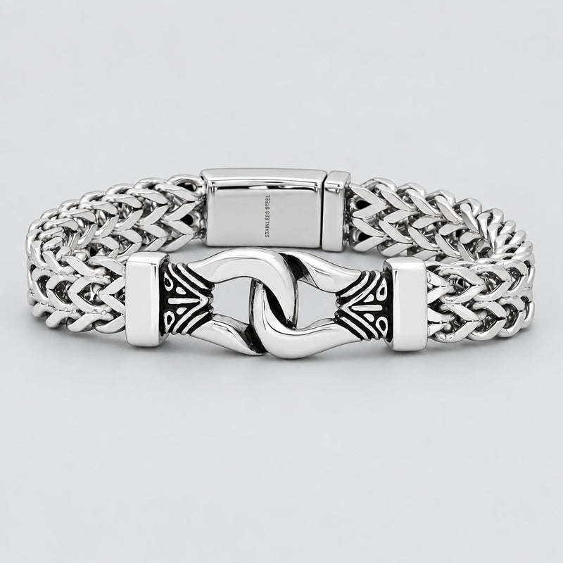 Men’s Stainless Steel Double Row Wheat Chain Bracelet. Biker Buckle Design-1