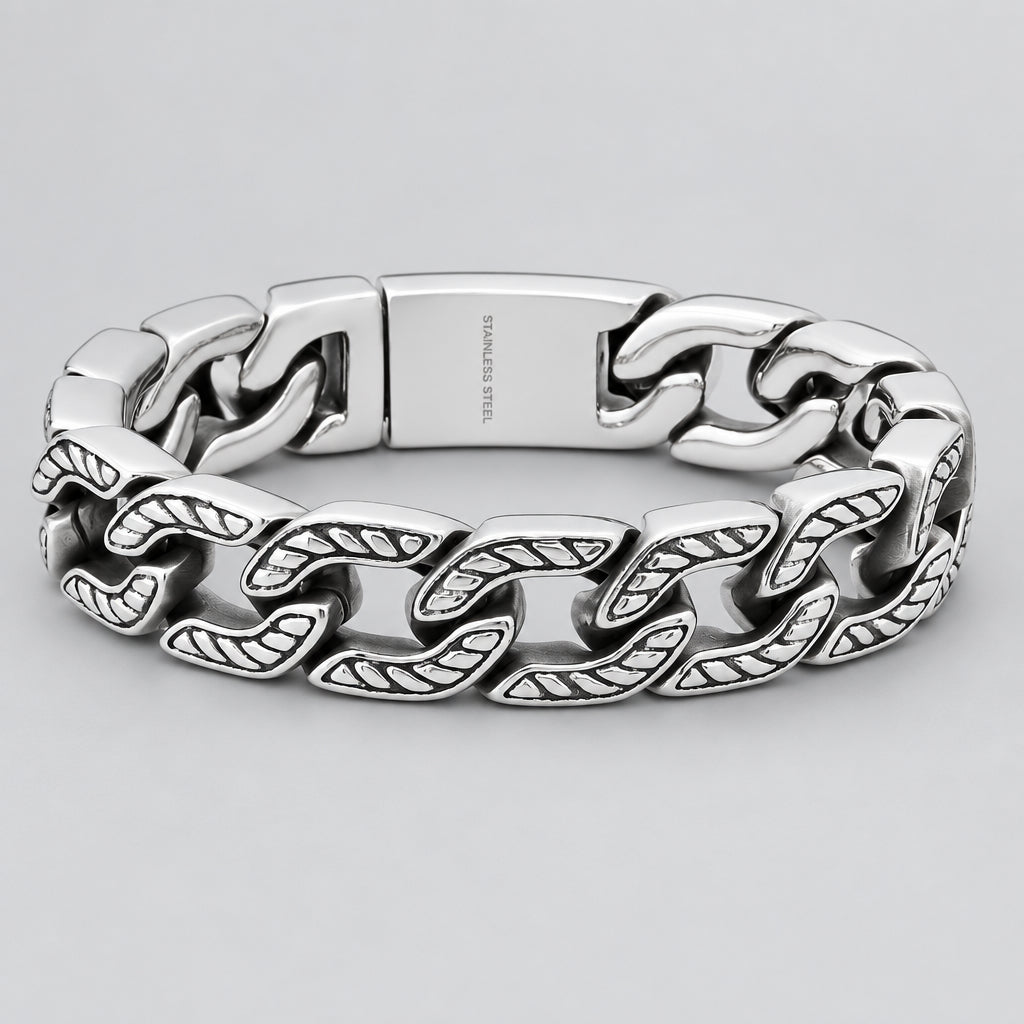 Men’s Heavy Stainless Steel Cuban Link Bracelet. Oxidized Chevron Accent Biker Chain-1