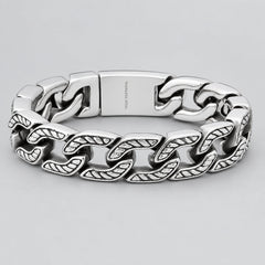 Men’s Heavy Stainless Steel Cuban Link Bracelet. Oxidized Chevron Accent Biker Chain-1