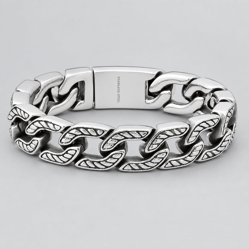Men’s Heavy Stainless Steel Cuban Link Bracelet. Oxidized Chevron Accent Biker Chain-1
