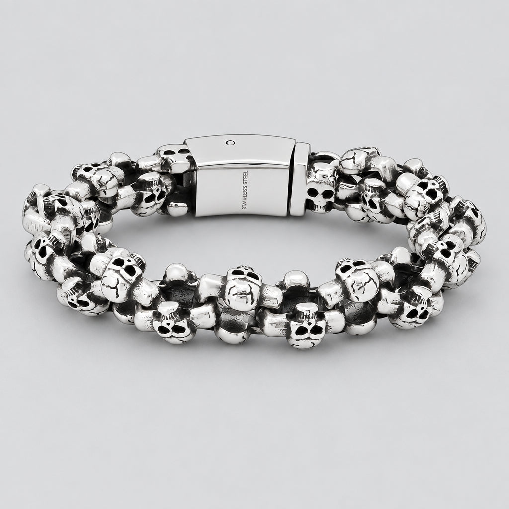 Men’s Stainless Steel Multi-Skull Link Bracelet. Heavy-Duty Biker Jewellery-1