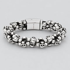 Men’s Stainless Steel Multi-Skull Link Bracelet. Heavy-Duty Biker Jewellery-1