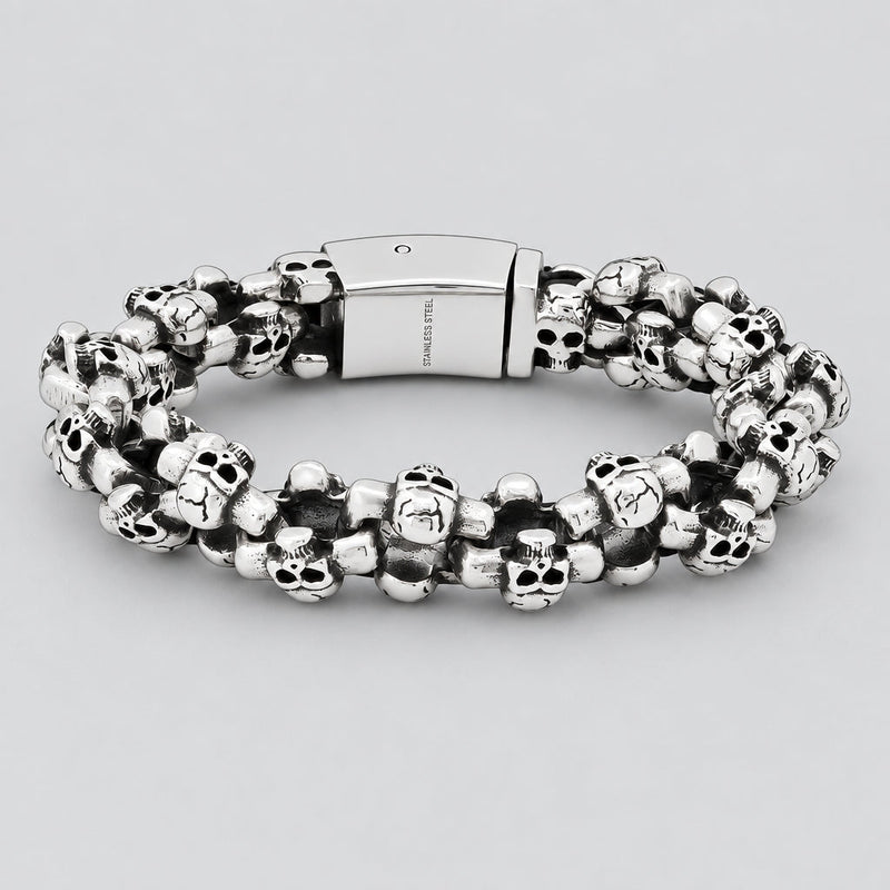 Men’s Stainless Steel Multi-Skull Link Bracelet. Heavy-Duty Biker Jewellery-1
