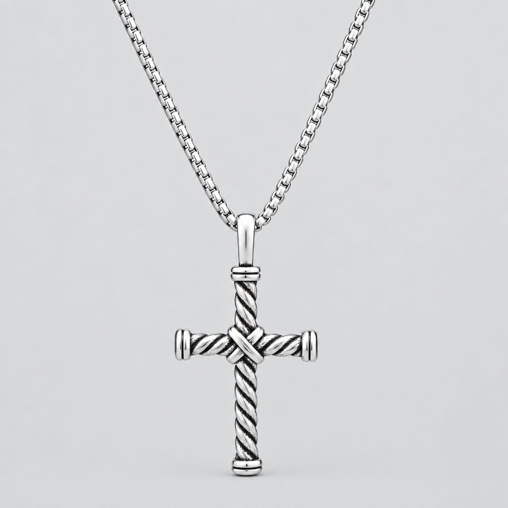 Men’s Stainless Steel Twisted Cable Cross Pendant Necklace. Oxidized Biker Jewellery-1
