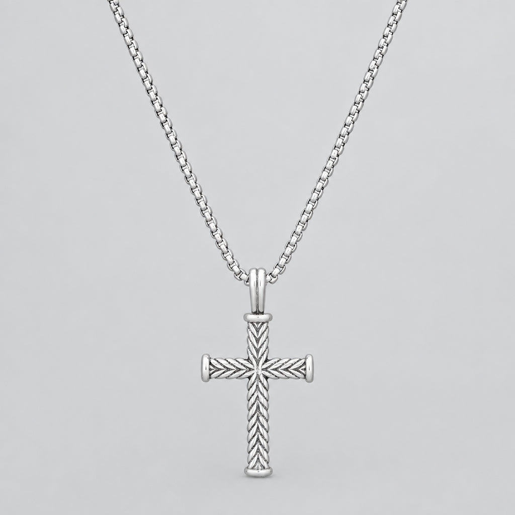 Men’s Stainless Steel Twist Design Cross Pendant. Textured Biker Wheat Chain Necklace-1