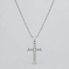 Men’s Stainless Steel Twist Design Cross Pendant. Textured Biker Wheat Chain Necklace-1