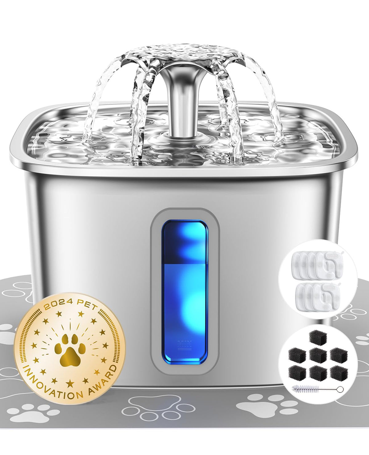 Veken Innovation Award Winner Stainless Steel Cat Water Fountain, 108oz/3.2L Pet Fountain with 7 Replacement Filters & 7 Pre-Filter Sponges & Silicone Mat, for Cats, Dogs (Silver) 🍁 All In One Marketplace Canada
