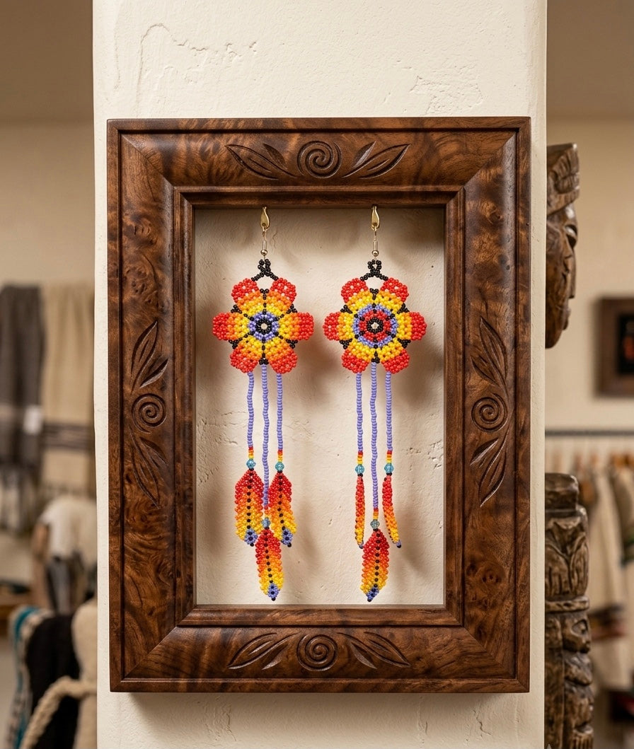 Sun Feather Bloom Beaded Earrings- red/orange/yellow