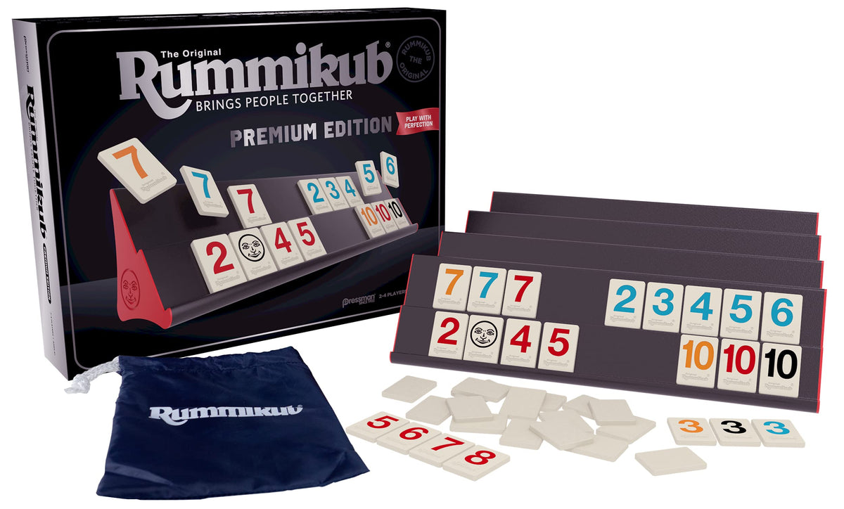 Rummikub Premium Edition - Features Racks - Large Number Engraved Tiles and a Storage Bag for the Ultimate Rummikub Experience