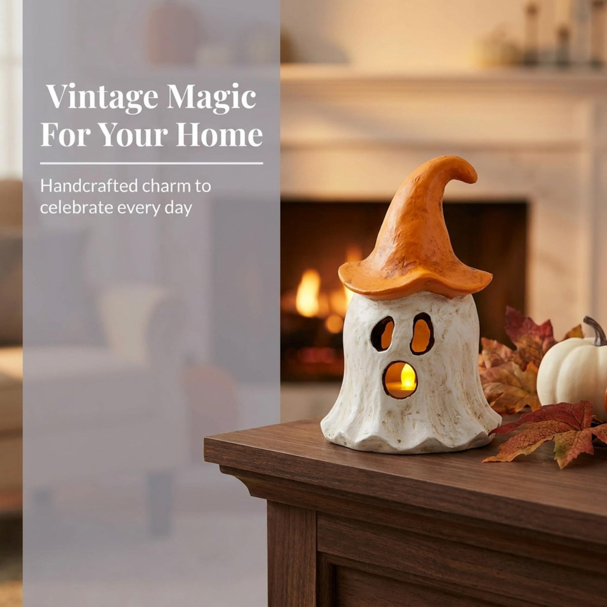 Mud Pie Halloween Lantern, Orange Ghost Witch Lantern, 3.75 x 6.75 Inch-2