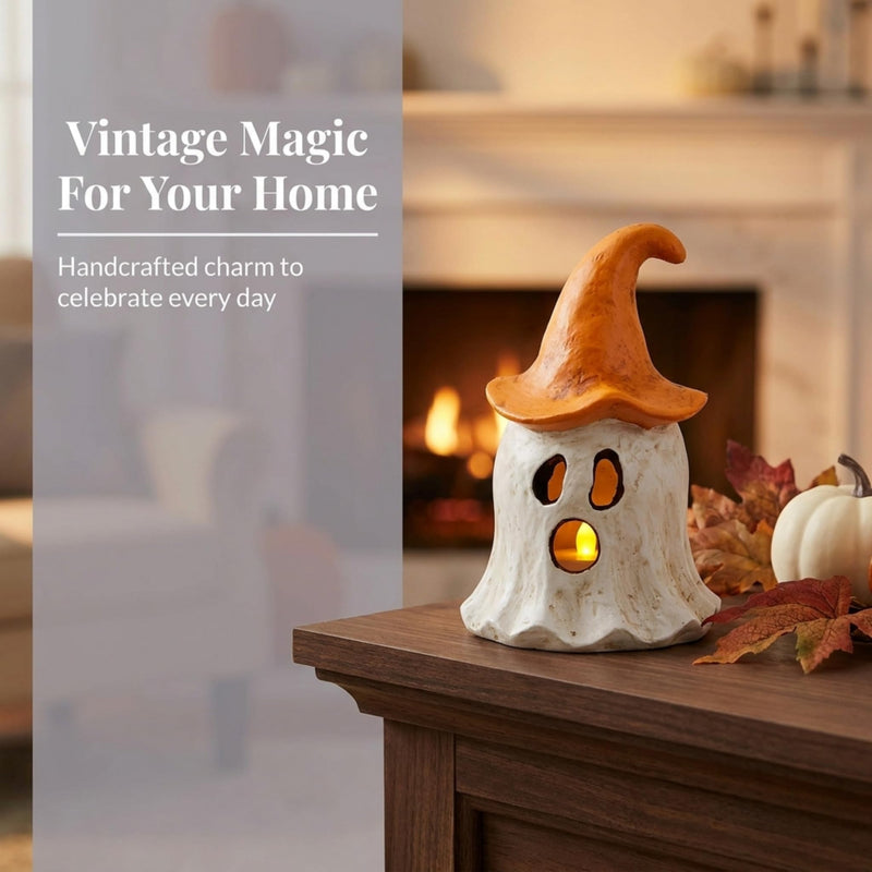 Mud Pie Halloween Lantern, Orange Ghost Witch Lantern, 3.75 x 6.75 Inch-2