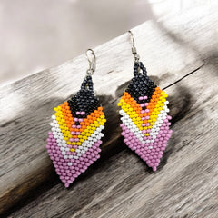 pink and black Beaded Feather Drop Earrings-2