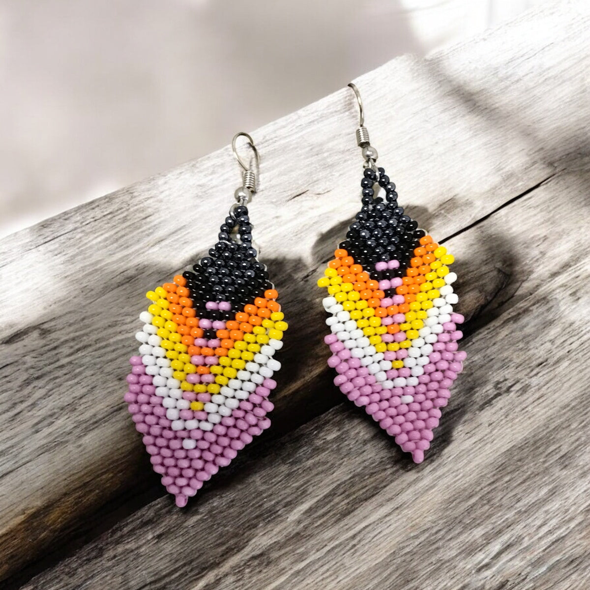 pink and black Beaded Feather Drop Earrings-2