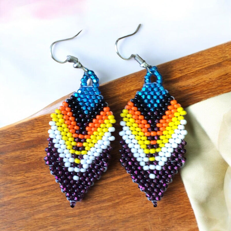 Purple and blue Beaded Feather Drop Earrings-1