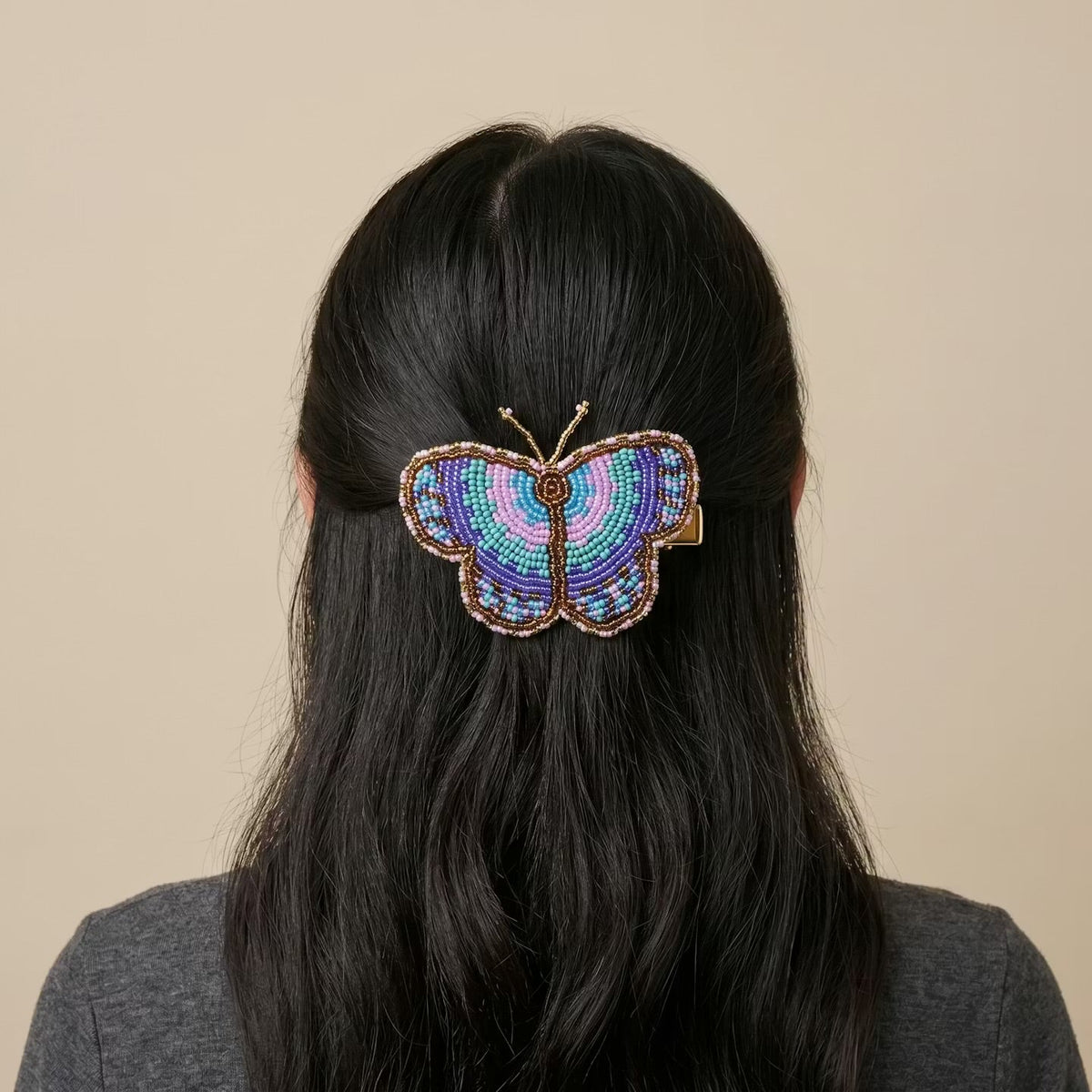Turquoise Butterfly Beaded Barrette-4