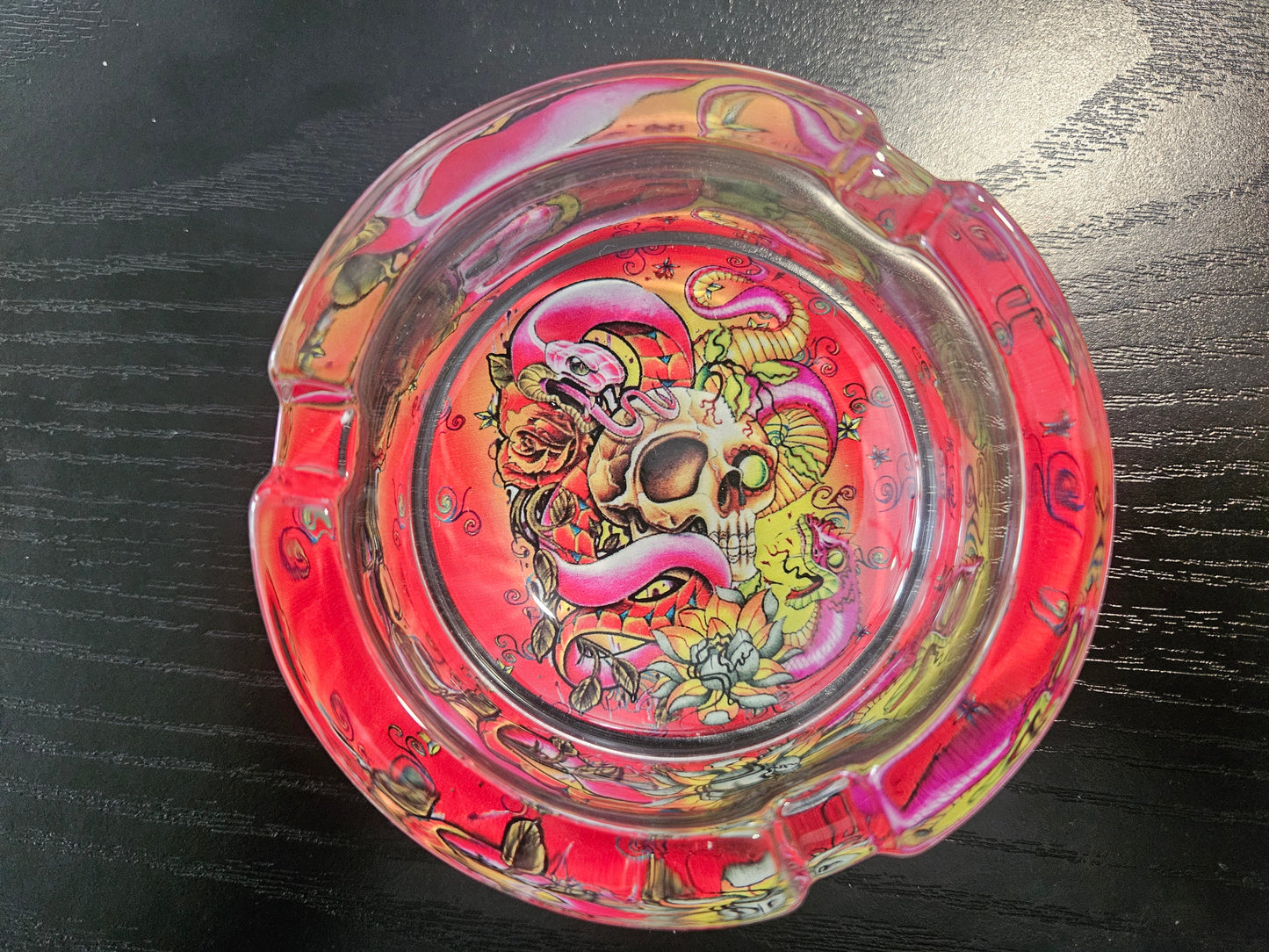 Round Glass Ashtray Skull and Snake