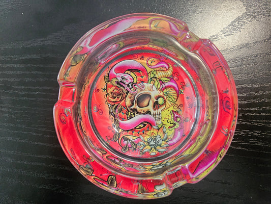 Round Glass Ashtray Skull and Snake