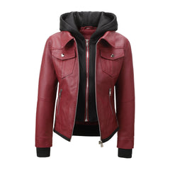 Women’s Faux Leather Biker Jacket with Detachable Hood – Slim-Fit Waist-Cinching Motorcycle Coat-7