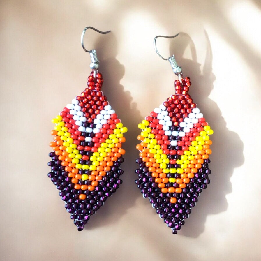 Purple and red Beaded Feather Drop Earrings-1
