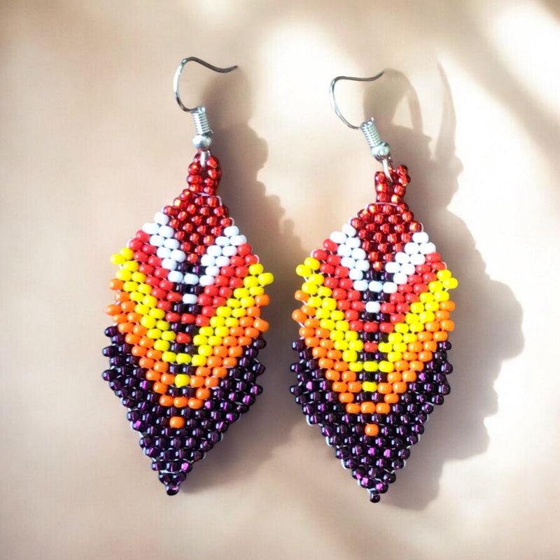 Purple and red Beaded Feather Drop Earrings-1