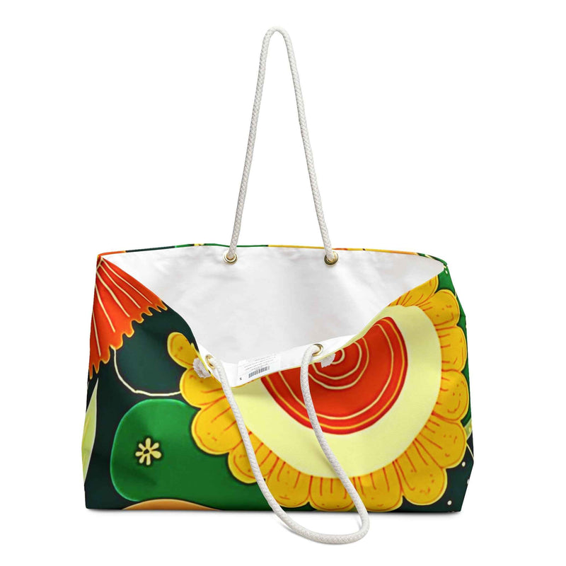 Floral Retro Pattern Weekender Bag | Bright Orange Green Large Tote Bag-3