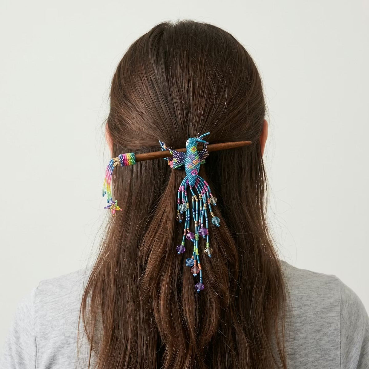 Blue Hummingbird Beaded Hair Stick-3